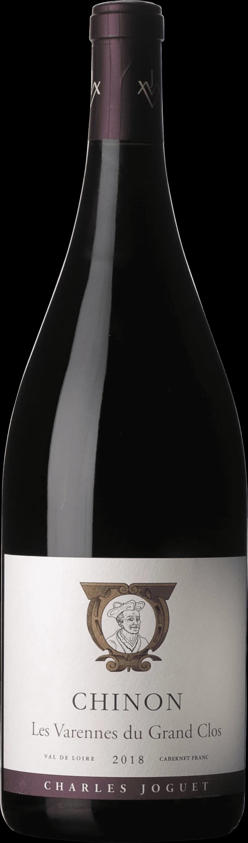 Flaska rött vin från Chinon, Les Varennes du Grand Clos, mot neutral bakgrund