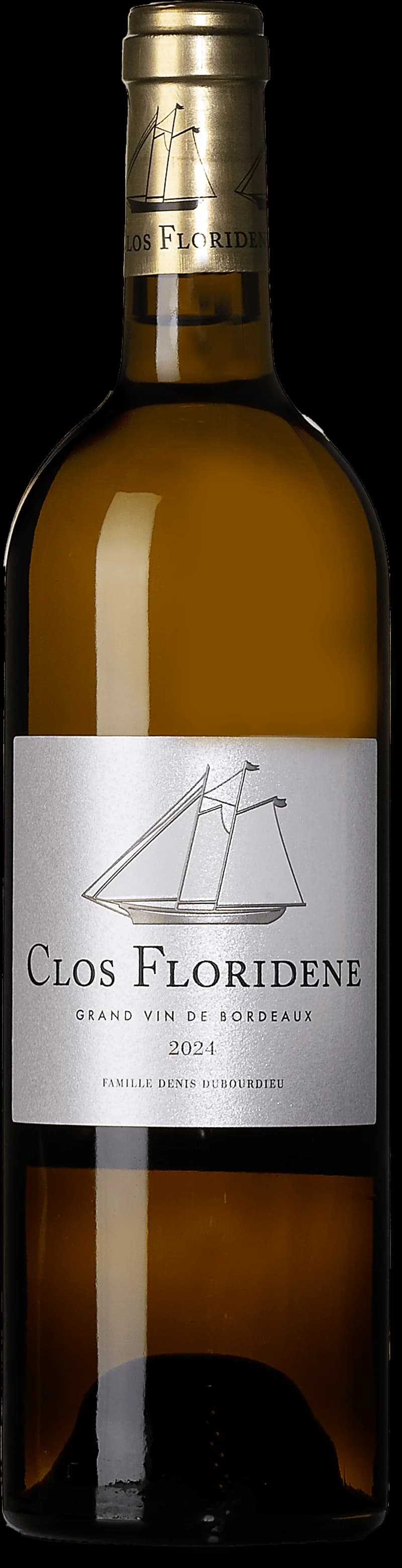 Flaska och etikett för Clos Floridène, ett vitt vin från Bordeaux