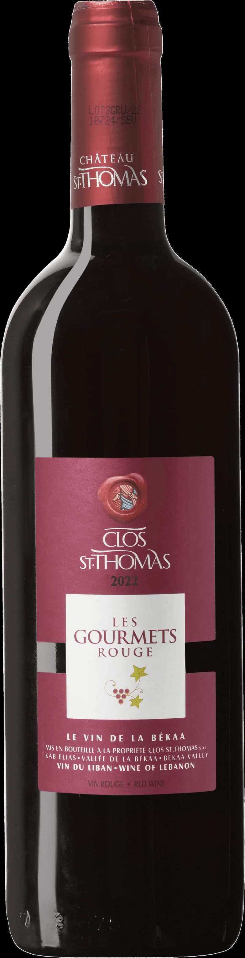 Flaska Clos St Thomas rött vin, ett fylligt rödvin från Libanon