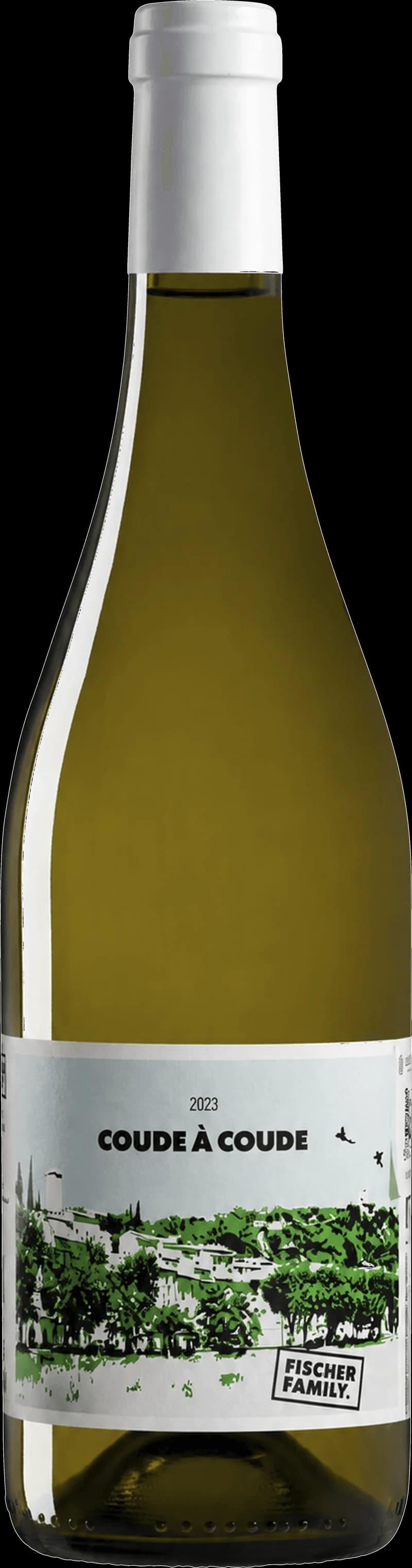 Coudé-coudé, ett vitt vin, upphällt i glas – illustration för vin- och matmagasin.
