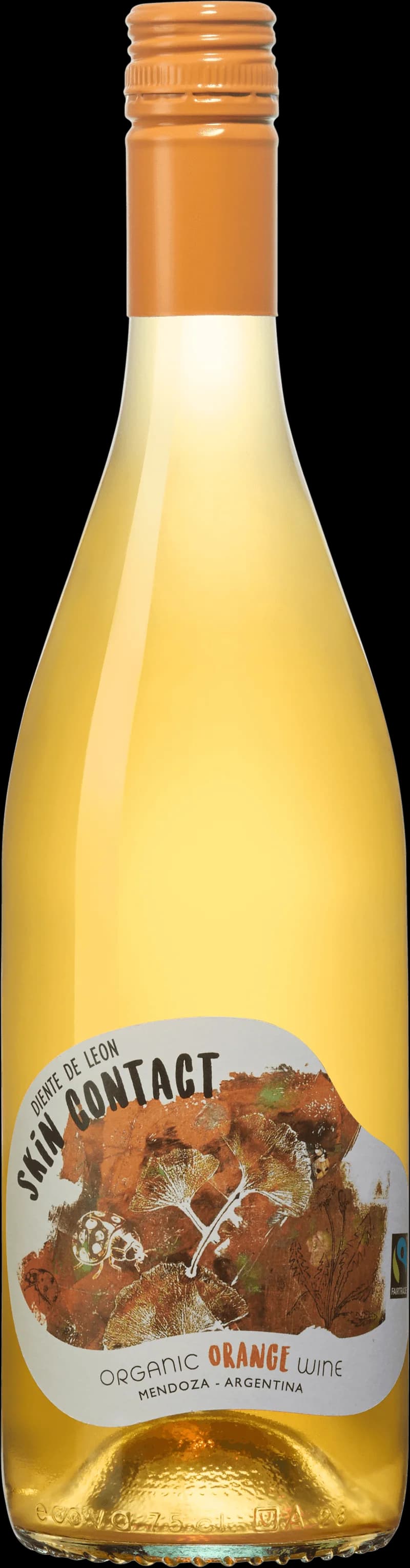 Flaska och glas med vitt vin från Diente de León, årgång 2019, uppställda mot en ljus bakgrund.