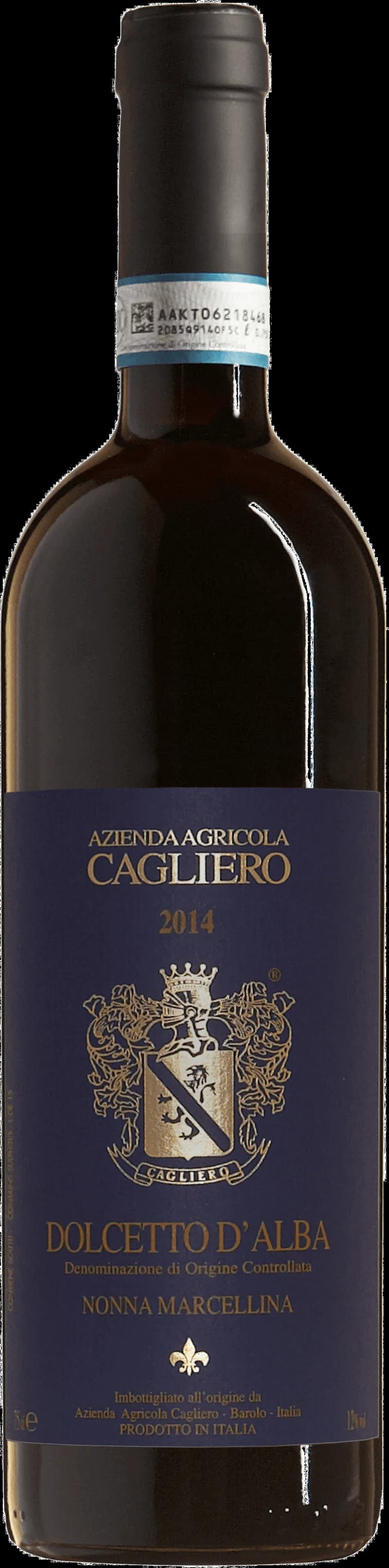 Flaska rött vin av Dolcetto d'Alba från Nonna Marcellina, italienskt vin från Piemonte
