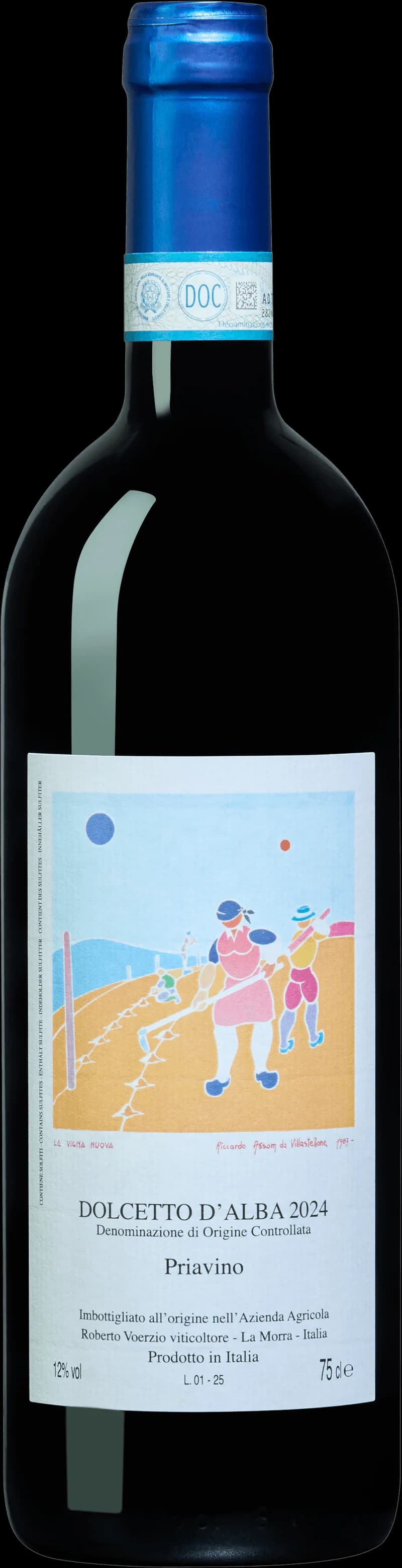 Flaska rött vin av Dolcetto d'Alba Priavino, italienskt vin från Piemonte