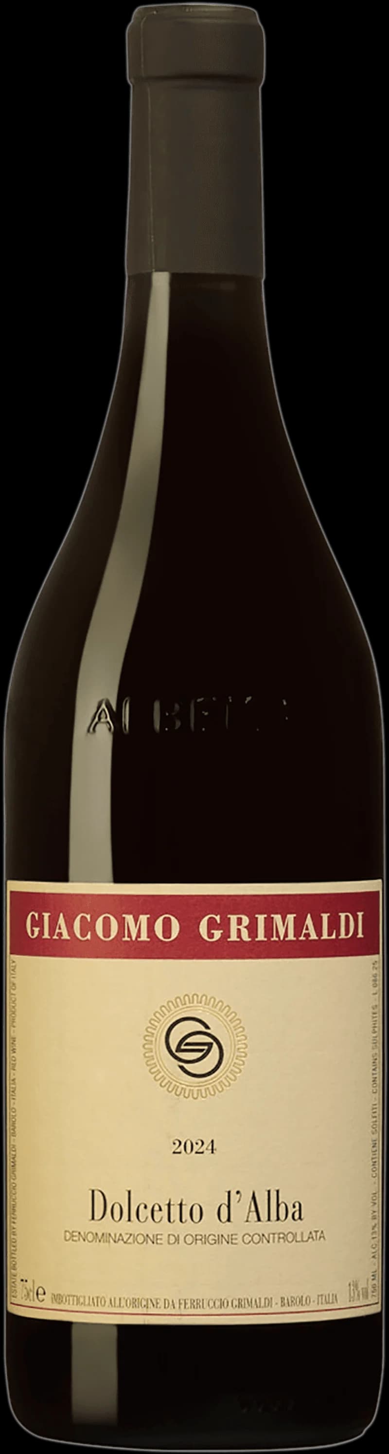 Flaska rött vin av typen Dolcetto d'Alba, italienskt rödvin från Piemonte