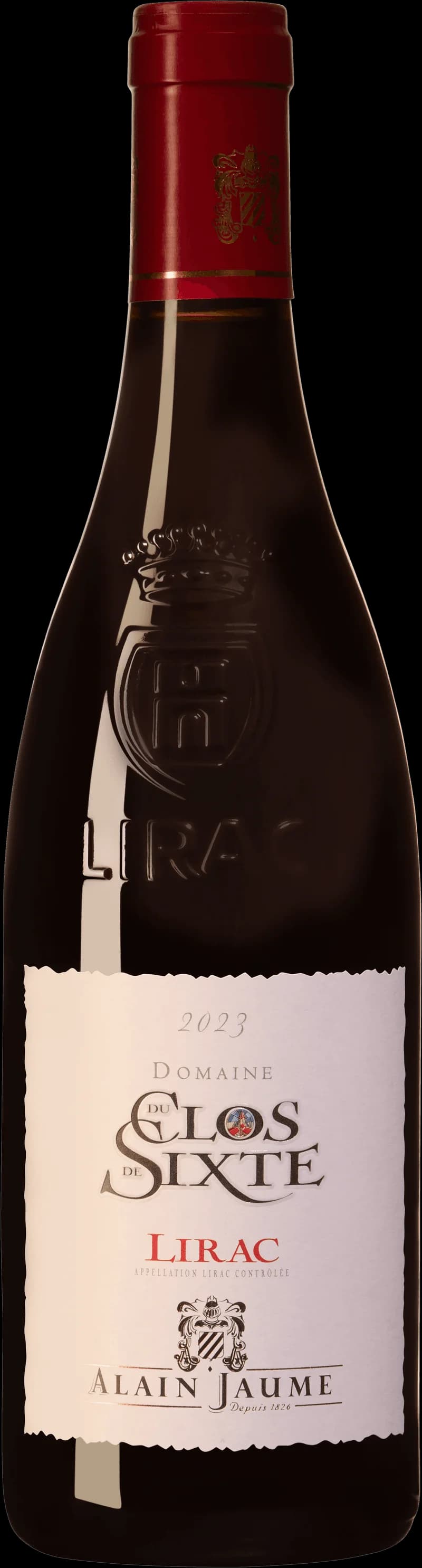 Flaska rött vin från Domaine du Clos de Sixte, ett vin från Rhône med djup röd färg och klassisk etikett.