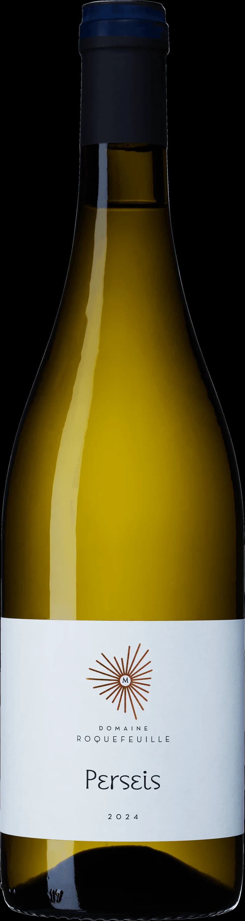 Flaska och glas med vitt vin från Domaine Roquefeuille