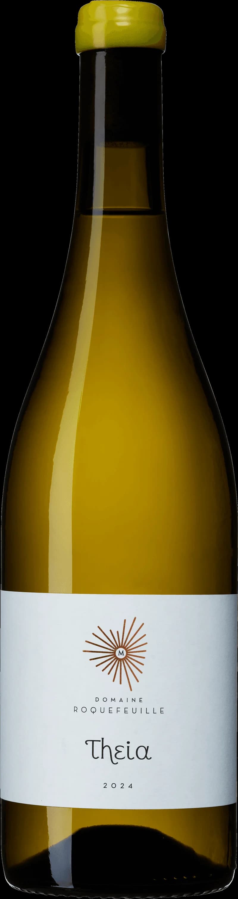 Flaska vitt vin från Domaine Roquefeuille mot ljus bakgrund