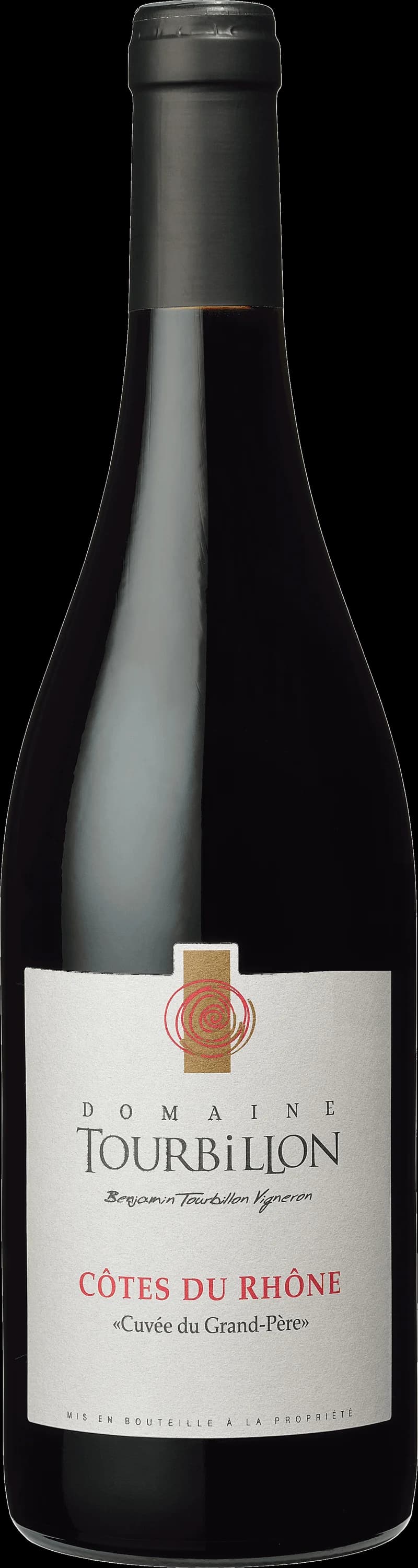Flaska rött vin från Domaine Tourbillon, ett vin från Frankrike med mörk färg och klassisk etikett.
