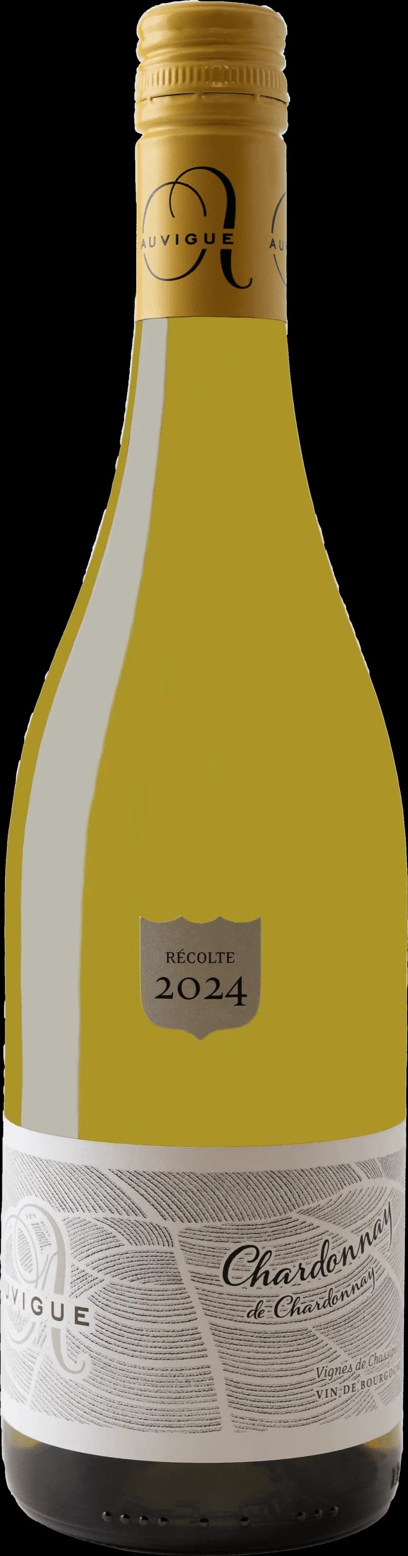 Flaska vitt vin från Domaines Auvigue, ett franskt vinhus känt för viner från Bourgogne och Mâconnais.