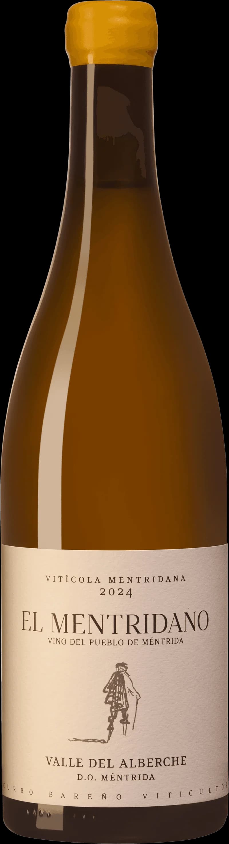 Flaska El Mentridano Blanco, ett vitt vin, avbildad mot en ljus bakgrund