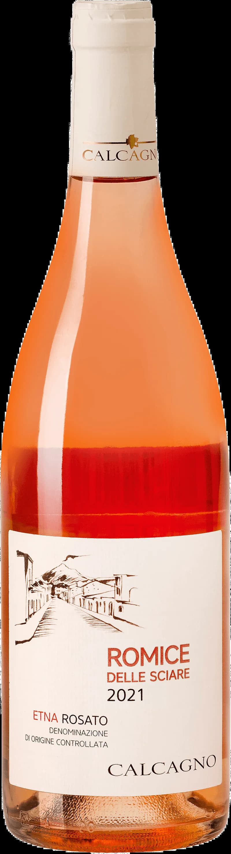 Flaska Etna Rosato Romice delle Sciare, ett sicilianskt rosévin, fotograferad mot ljus bakgrund