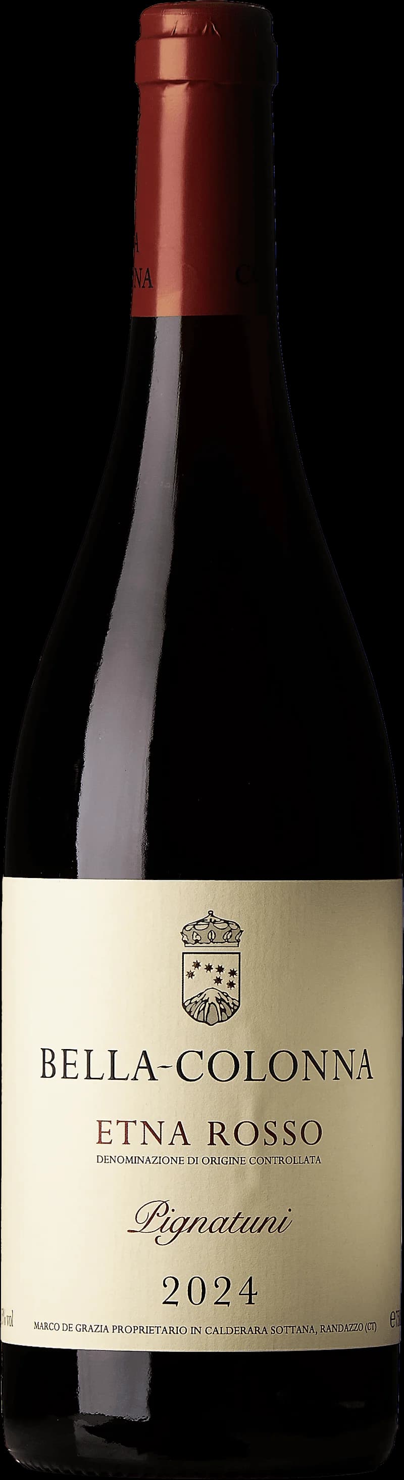Flaska rött vin av Etna Rosso Pignatuni från Sicilien mot ljus bakgrund