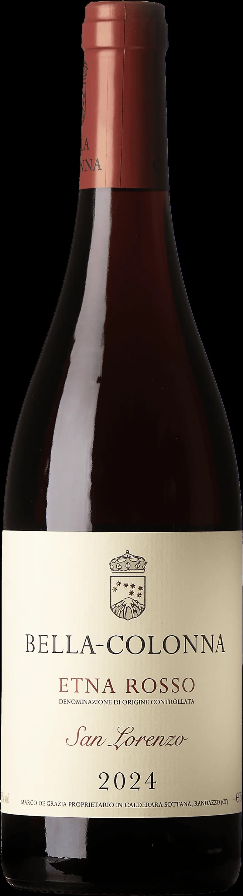 Flaska rött vin av typen Etna Rosso San Lorenzo, ett sicilianskt vin från Etna-området