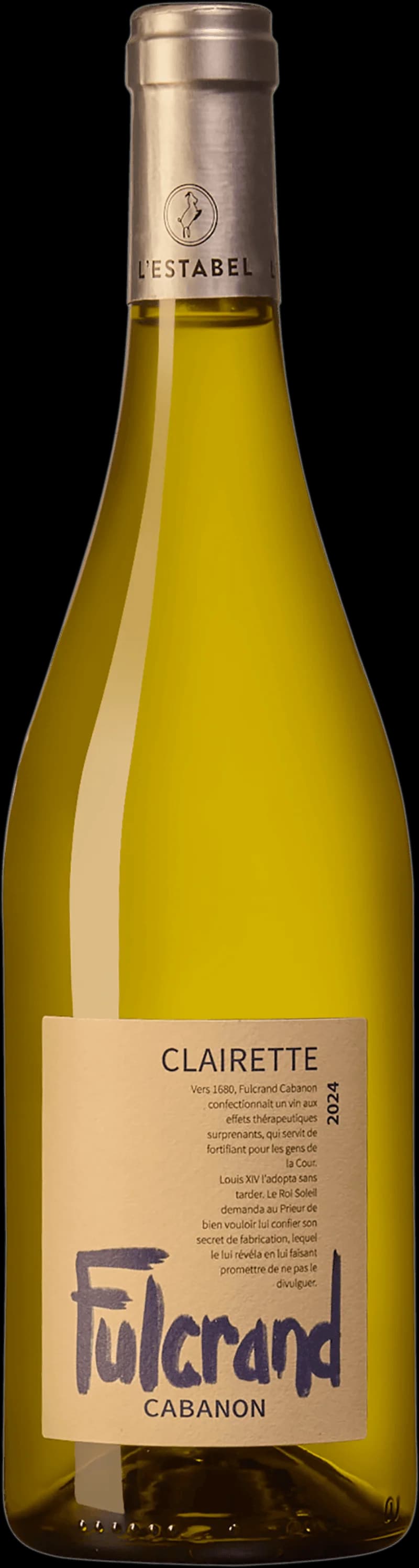 Flaska Fulcrand Cabanon Blanc Sec, ett torrt vitt vin, avbildad mot en ljus bakgrund