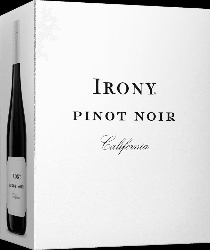 Flaska och glas med rött vin av märket Irony