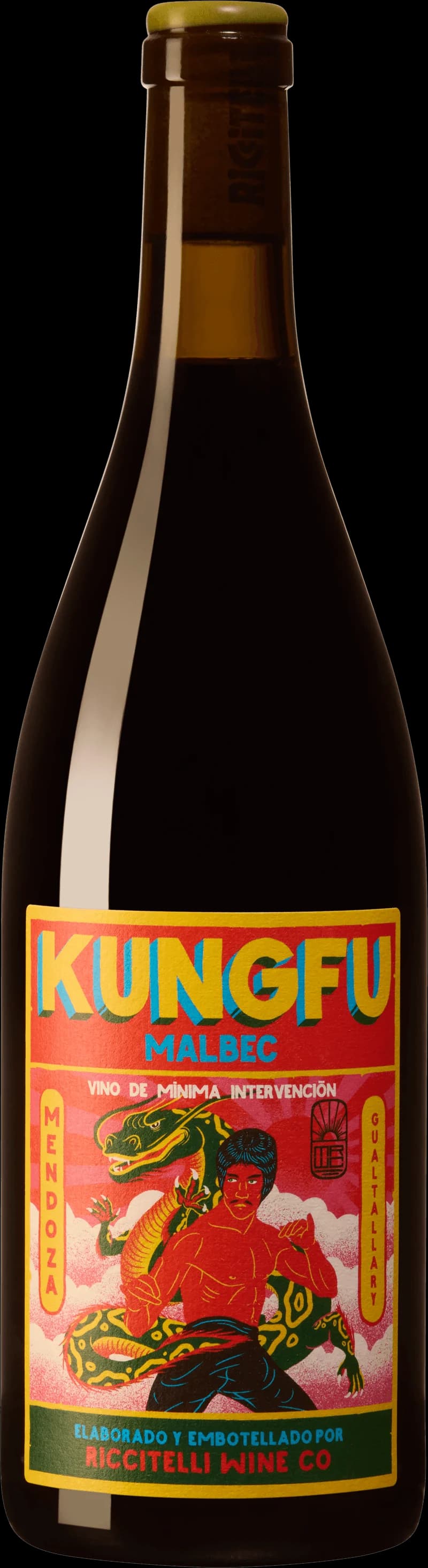 Bild som kombinerar kung fu-tema med rött vin, troligen en etikett eller illustration i högt format.