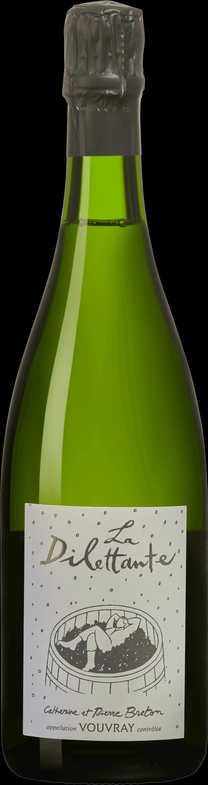 Flaska La Dilettante Brut, ett mousserande vin, avbildad mot en ljus bakgrund
