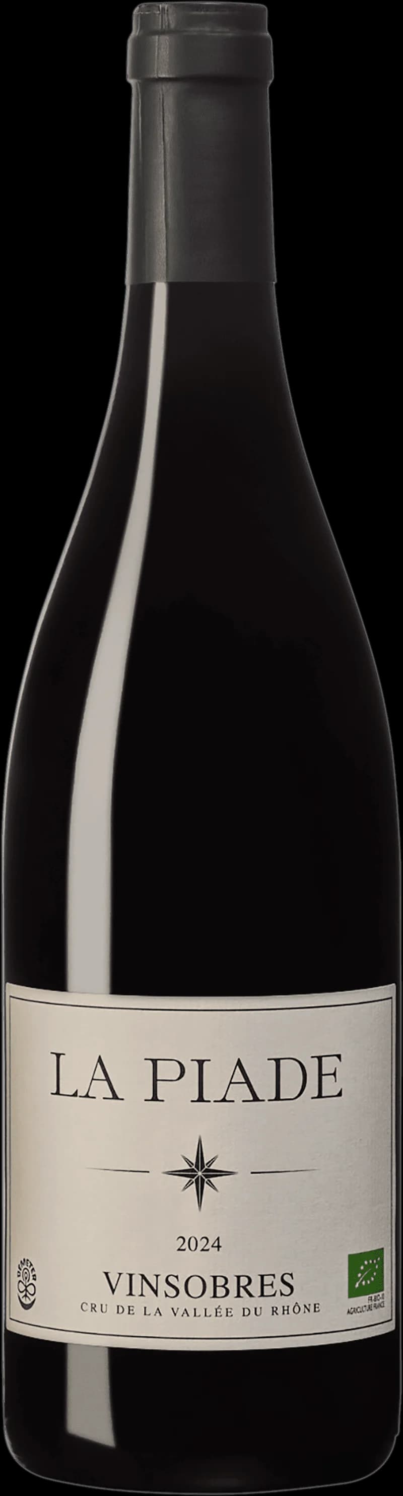 Flaska rött vin från La Piade i Vinsobres, Frankrike, avbildad mot enkel bakgrund