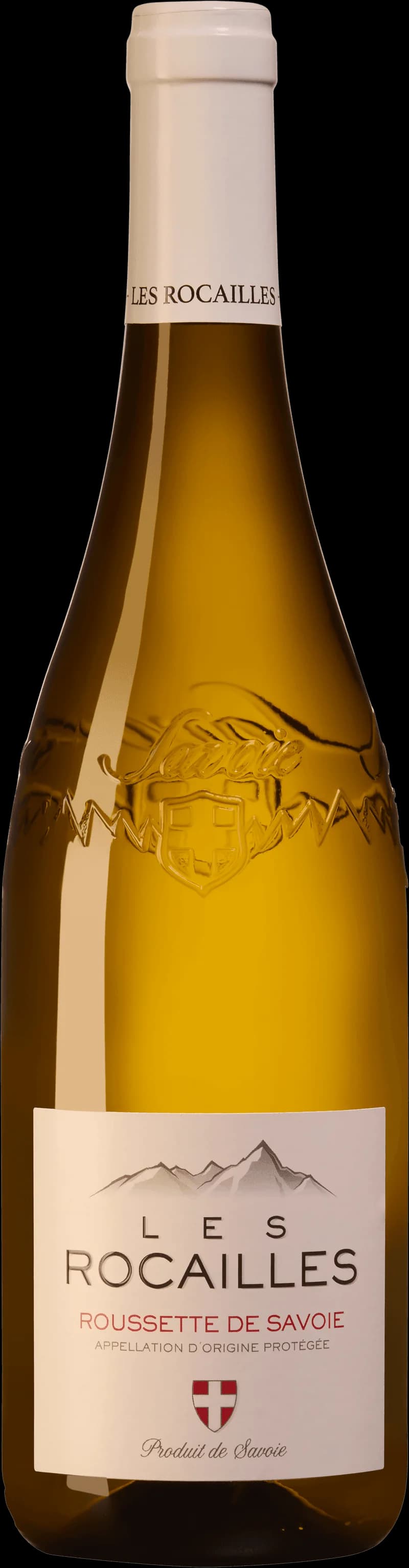 Flaska Les Rocailles Roussette de Savoie, ett vitt vin från Savoie, avbildad i helformat mot ljus bakgrund.
