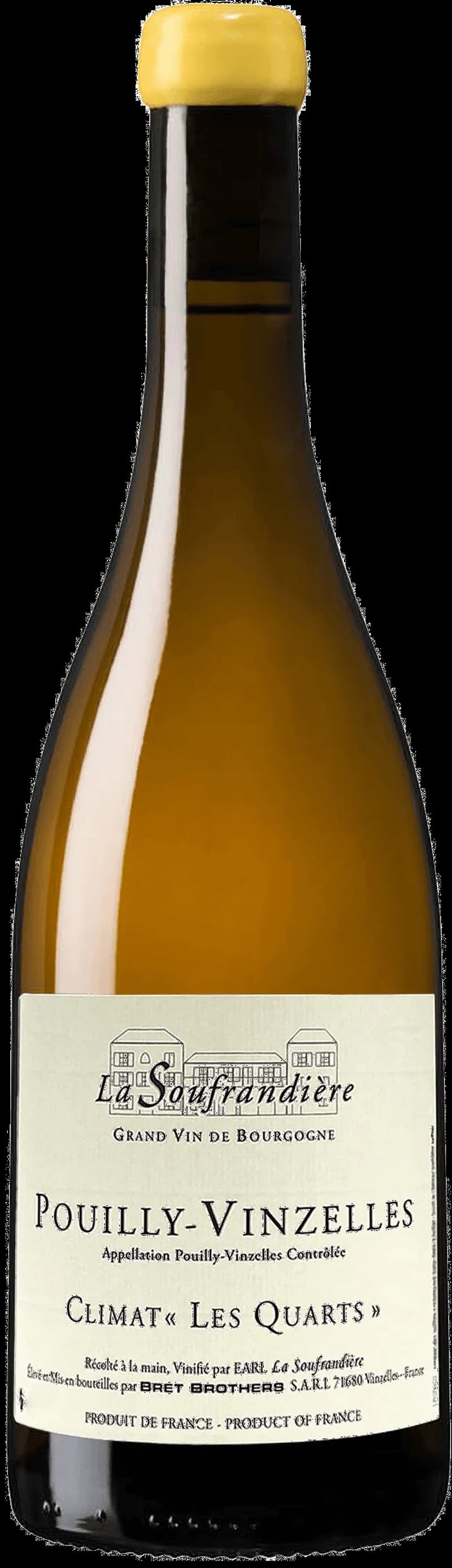 Flaska och glas med vitt vin från Pouilly-Vinzelles 1er Cru Les Quarts