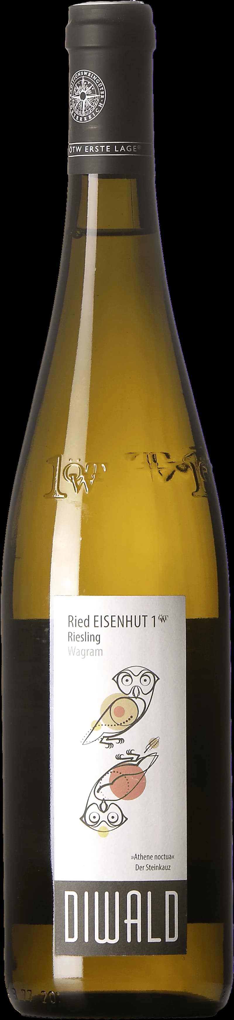 Flaska Riesling Eisenhut, ett vitt vin, avbildad mot en ljus bakgrund