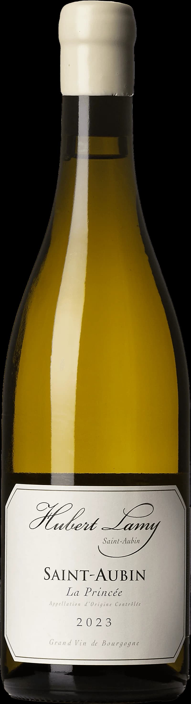 Flaska och glas med vitt vin från Saint-Aubin La Princee