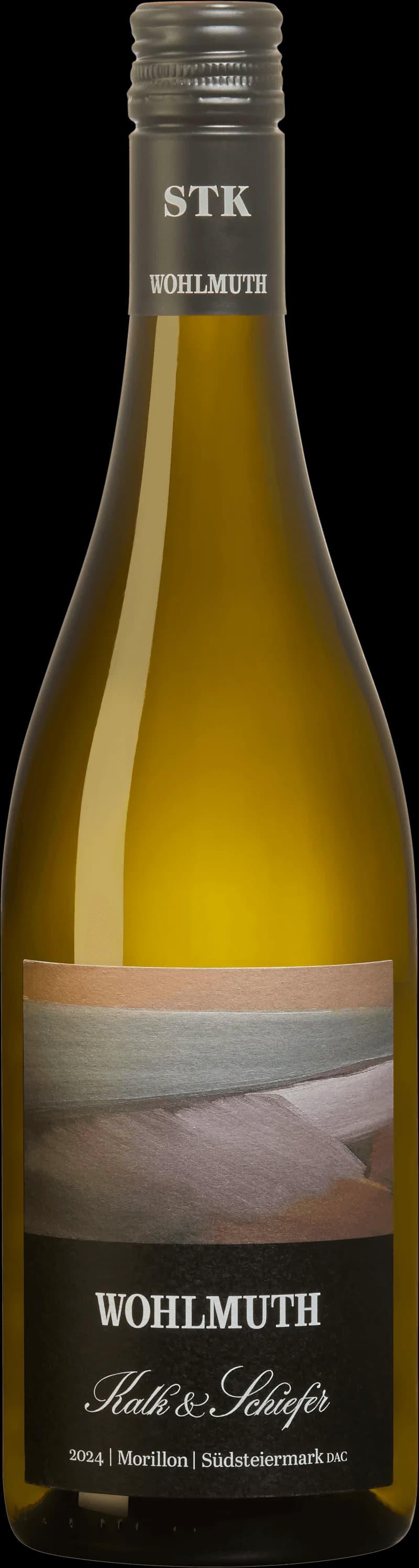 Flaska och glas med vitt vin från producenten Wohlmuth, uppställt för provning.