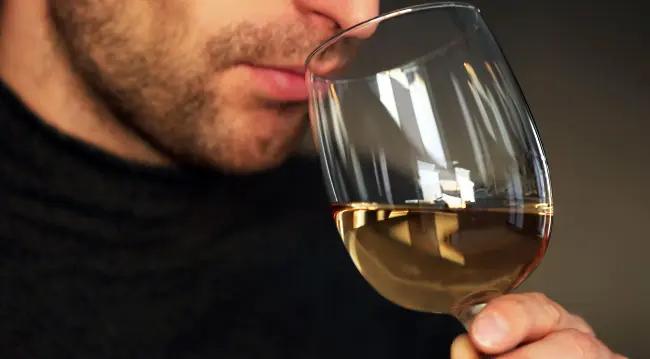 aromer i vin - en man doftar på ett vinglas