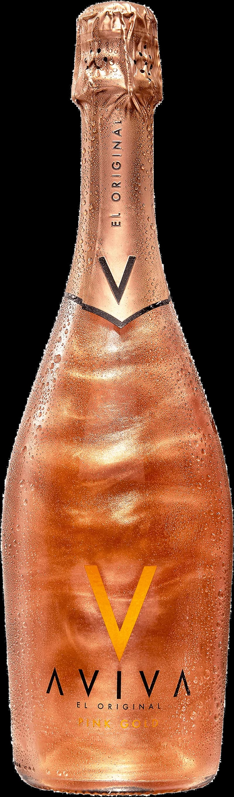 Flaska med Aviva Pink Gold smaksatt fruktvin mot rosa bakgrund.