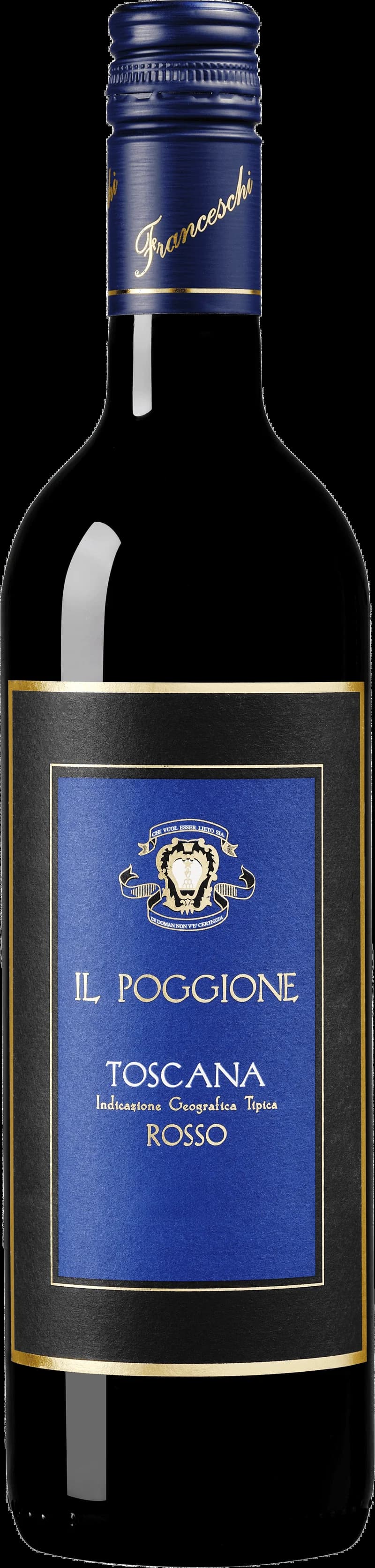 Flaska av Il Poggione rött vin mot neutral bakgrund.