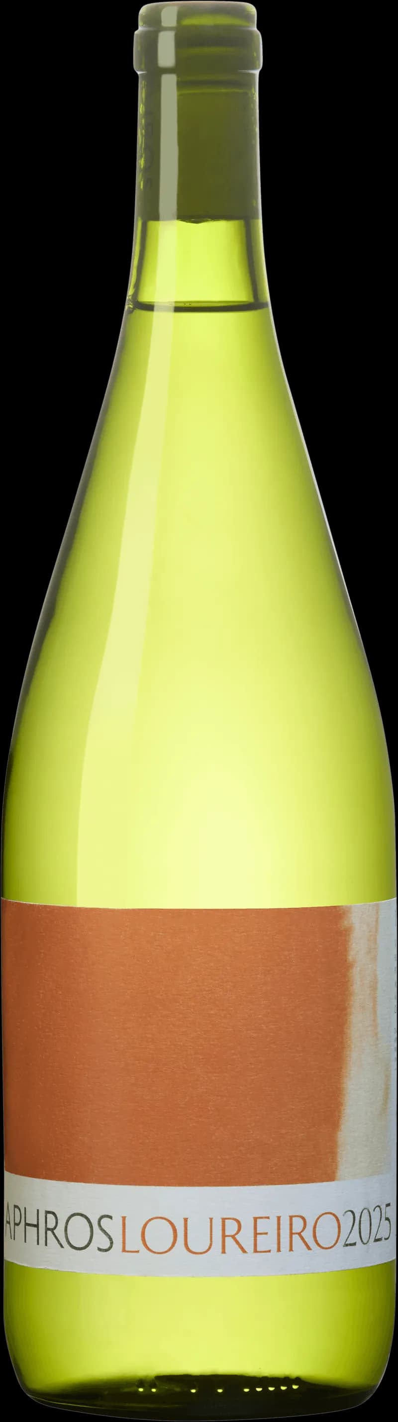 Flaska av Aphros vitt vin mot ljus bakgrund