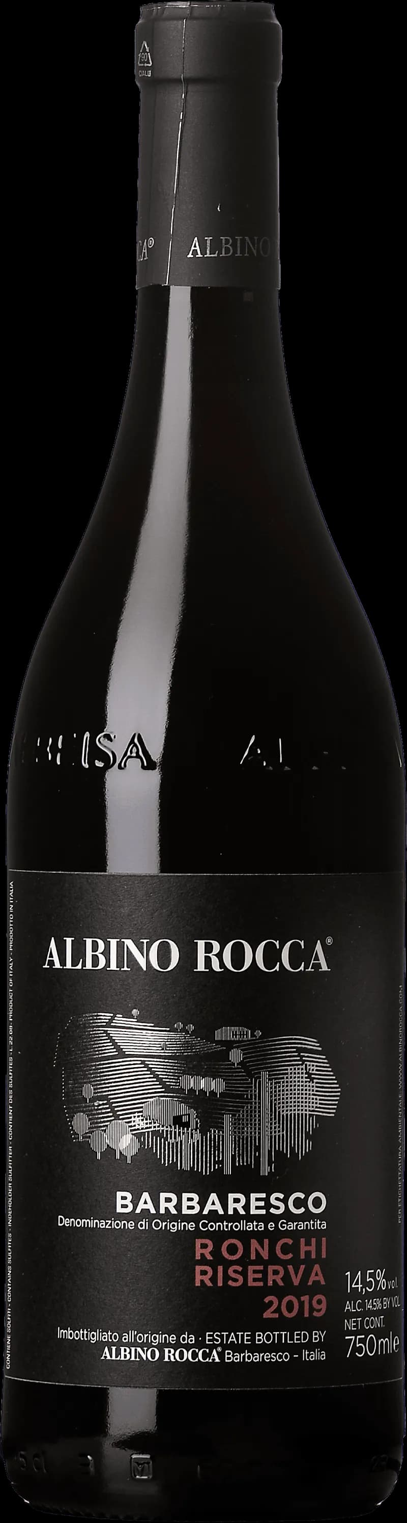 Flaska Barbaresco Ronchi Riserva rött vin mot neutral bakgrund