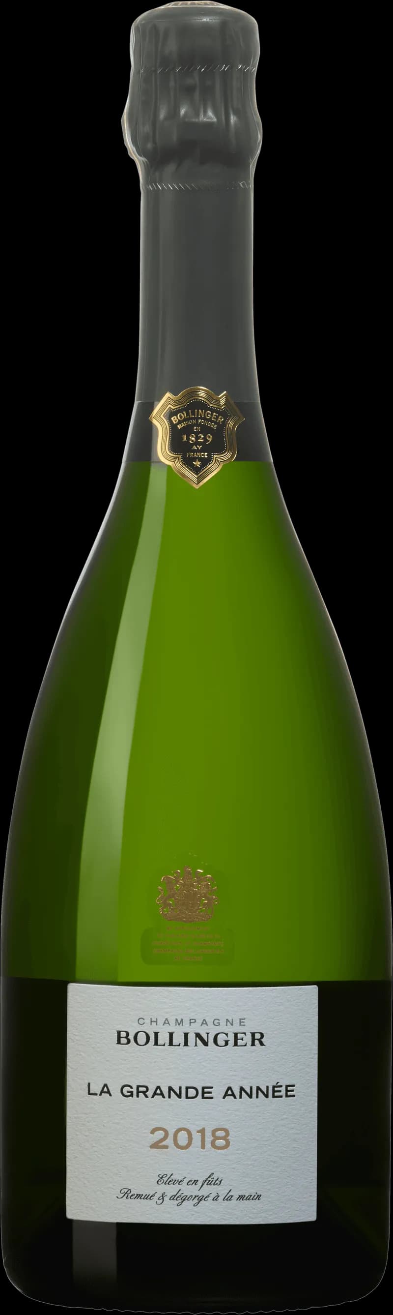 Flaska av Bollinger mousserande vin mot neutral bakgrund.