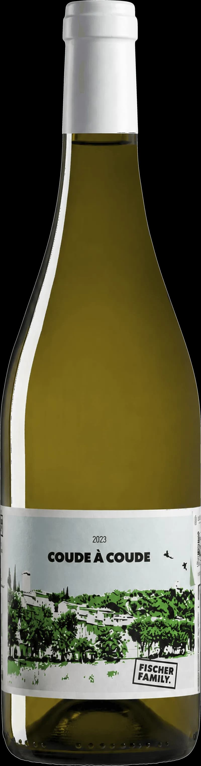Flaska av Coude Coude vitt vin mot ljus bakgrund.