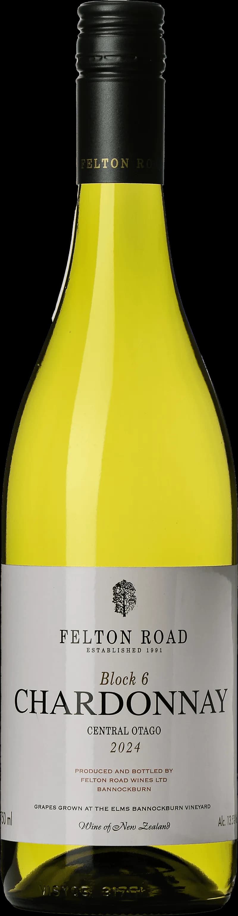 Flaska av Felton Road vitt vin mot en neutral bakgrund.