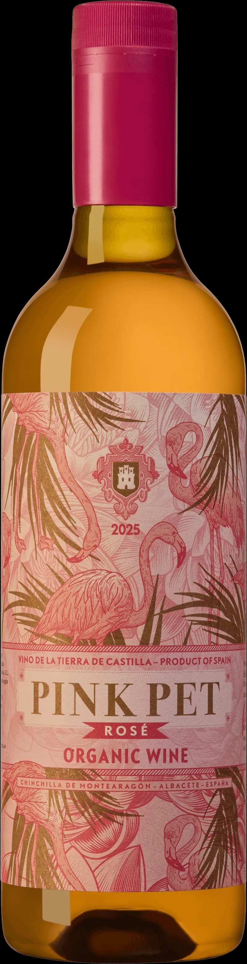 Färgglad flaska Pink Pet rosévin mot ljus bakgrund