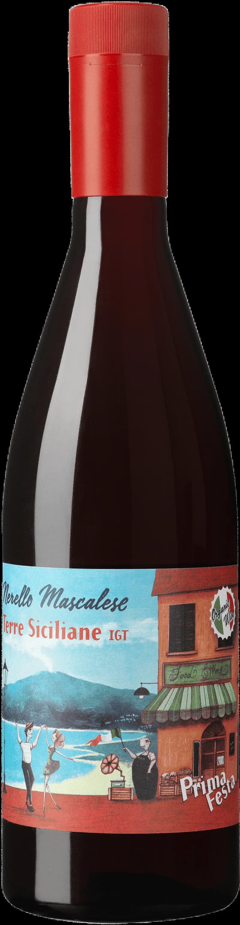 Flaska av Prima Festa rött vin mot mörk bakgrund