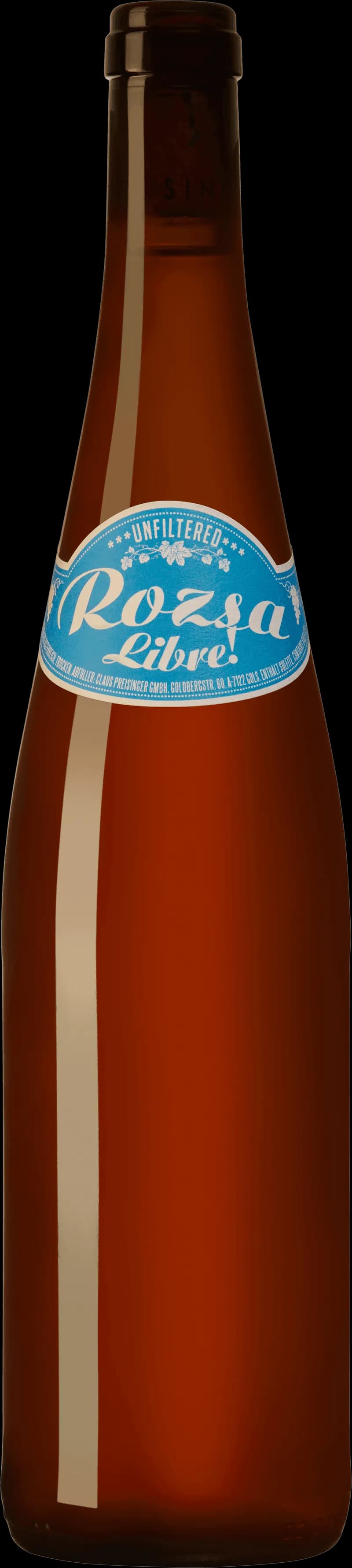 Flaska med Rózsa Libre rosévin mot ljus bakgrund