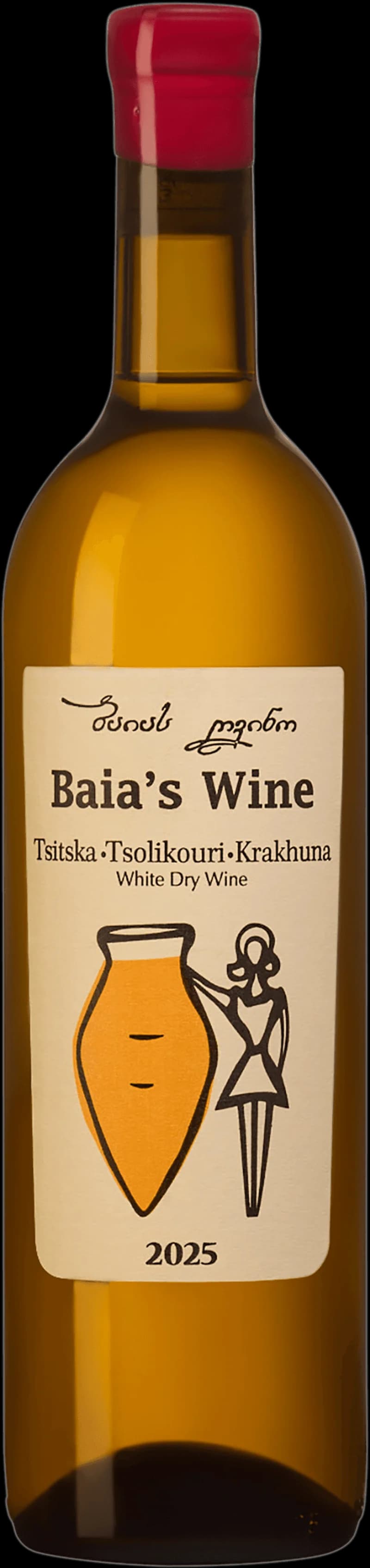 Flaska och glas med vitt vin från Baia's Wine, georgisk vintillverkare