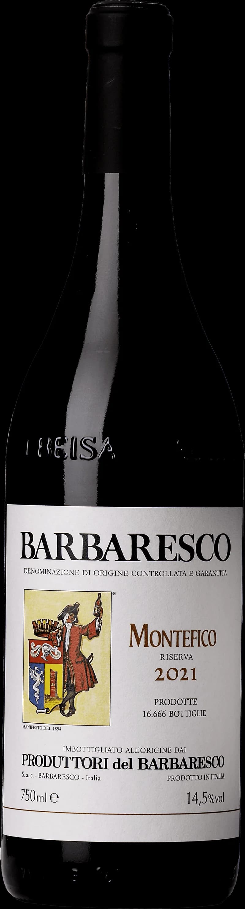 Flaska Barbaresco Riserva från Montefico, ett rött vin från Piemonte i Italien