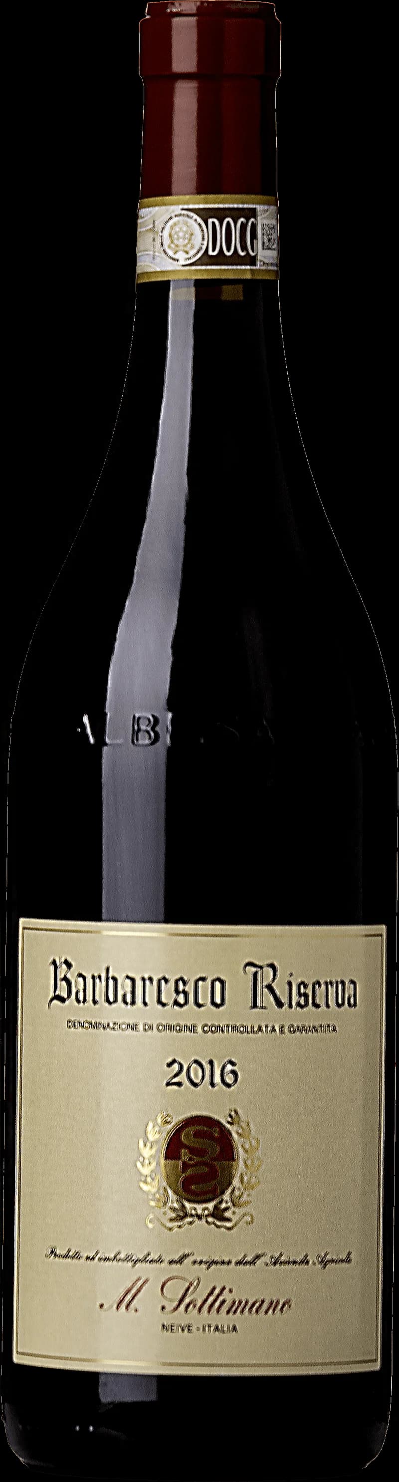 Flaska Barbaresco Riserva, ett rött vin från Piemonte i Italien, avbildad mot en neutral bakgrund.