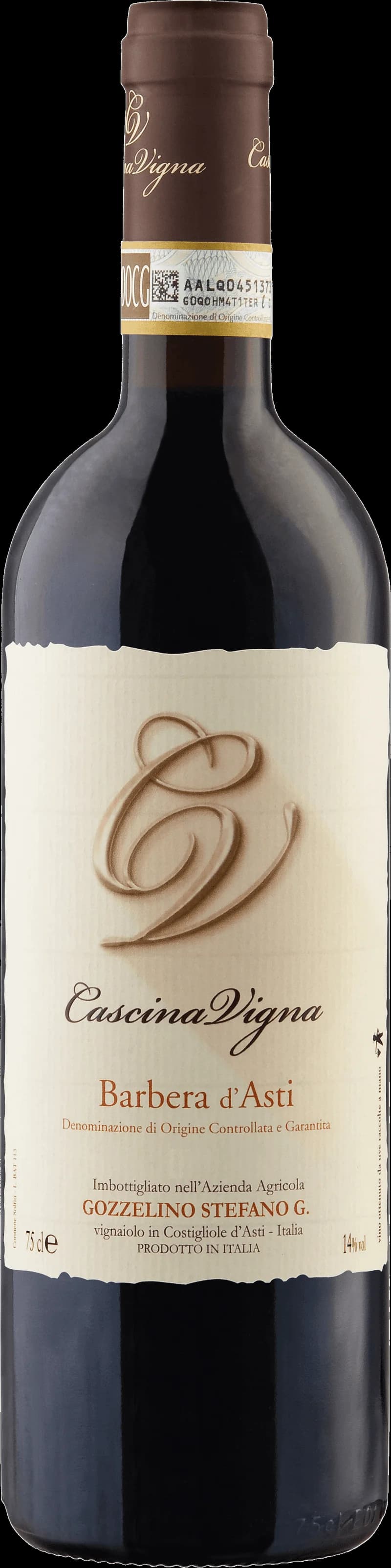 Flaska och glas med rött vin av druvan Barbera från Barbera d'Asti i Piemonte, Italien