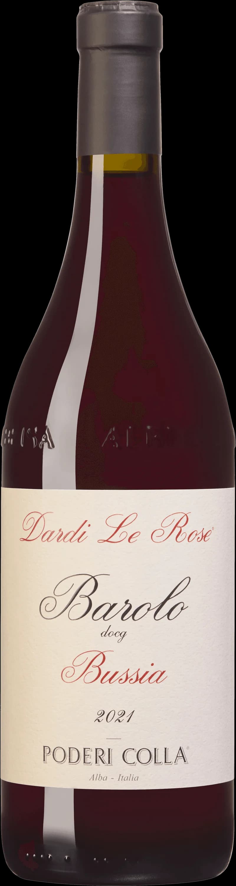Flaska Barolo Bussia Dardi Le Rose, ett rött vin från Piemonte i Italien