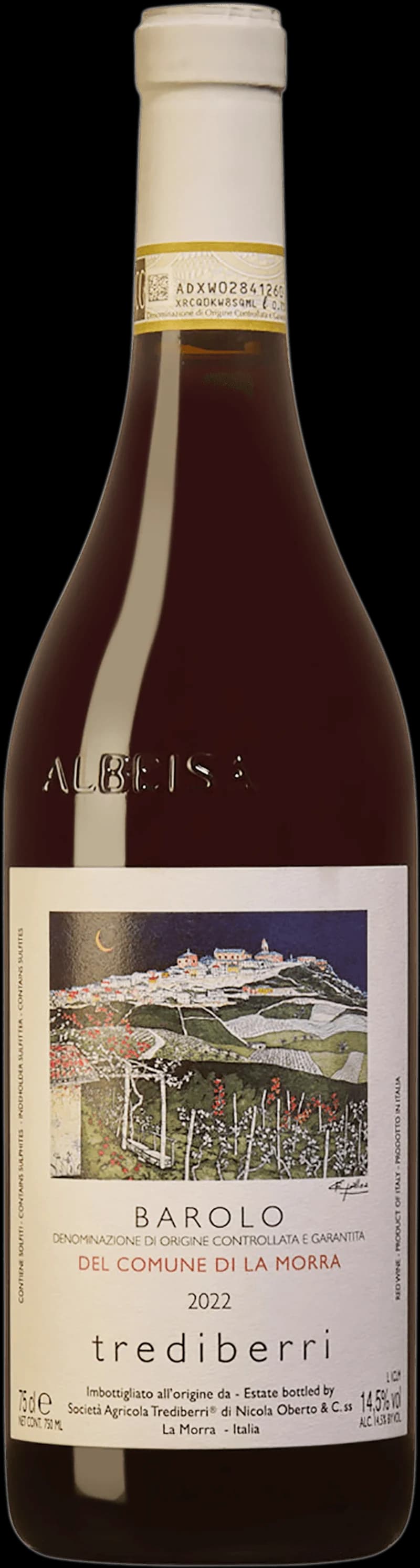 Flaska rött vin av typen Barolo del Comune di La Morra, italienskt vin från Piemonte