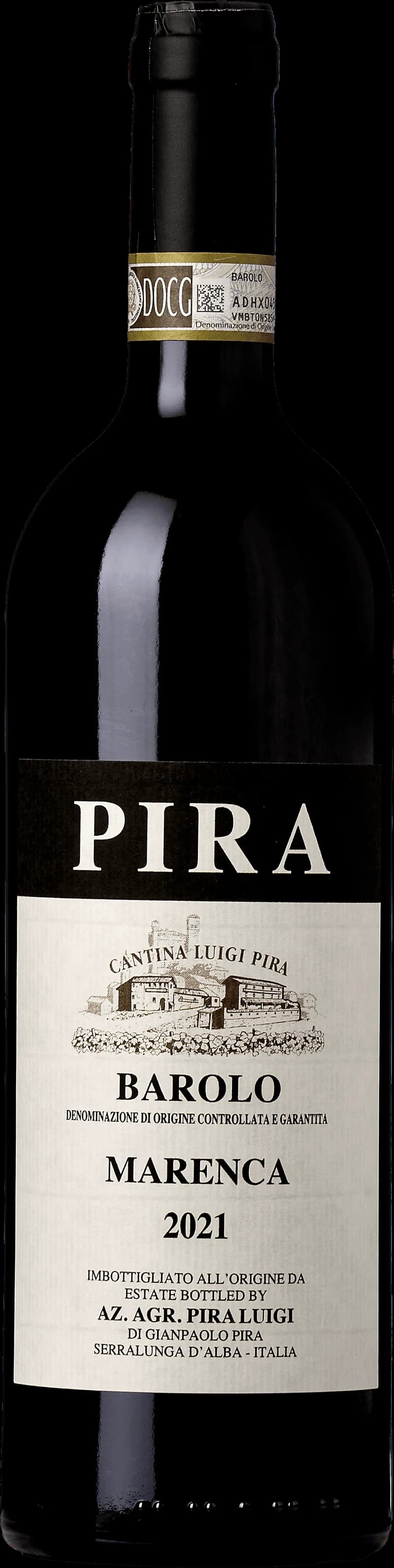 Flaska Barolo Marenca, ett rött vin från Piemonte i Italien, fotograferad mot neutral bakgrund.