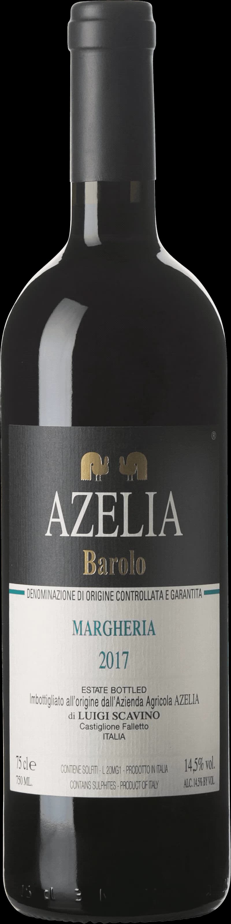 Flaska rött vin av typen Barolo Margheria, uppställd mot neutral bakgrund