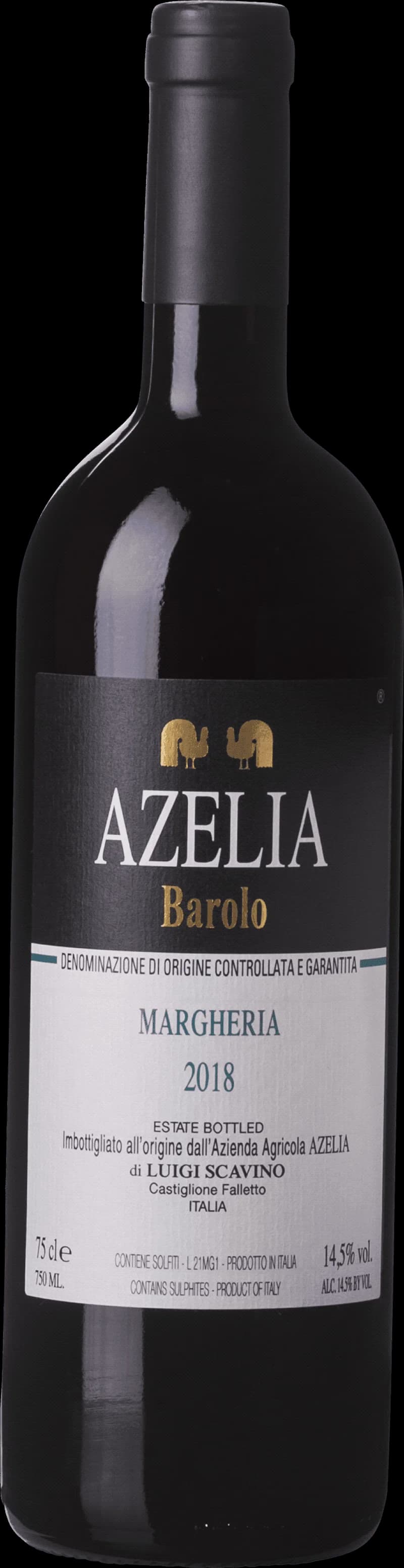 Flaska rött vin av typen Barolo Margheria, uppställd mot neutral bakgrund