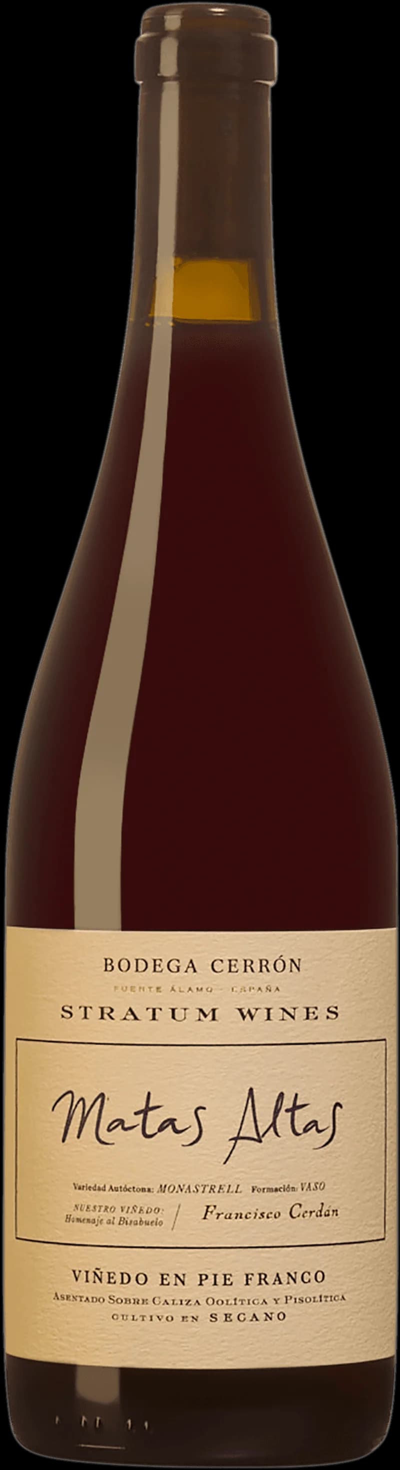 Flaska rött vin från Bodega Cerro Stratum, presenterad i helfigur mot neutral bakgrund.