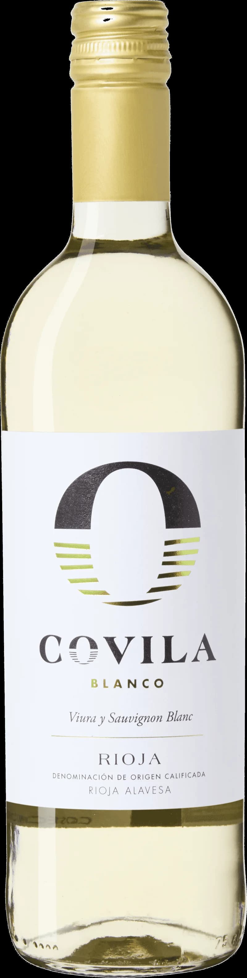 Flaska Bodegas Covila vitt vin mot ljus bakgrund