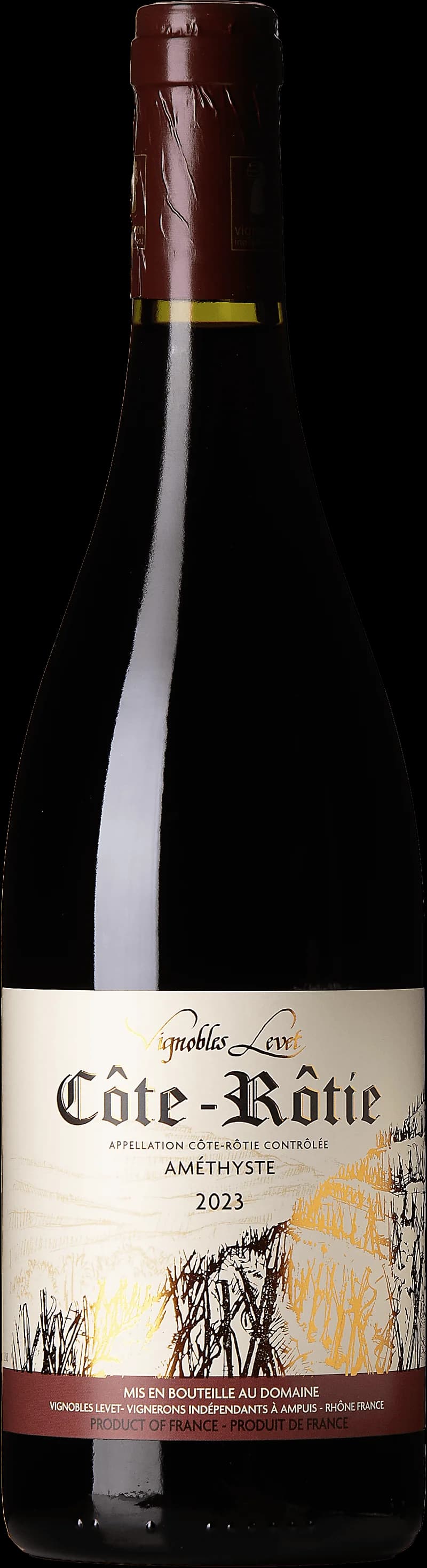 Flaska Côte-Rôtie Améthyste rött vin mot neutral bakgrund, vertikal bild.